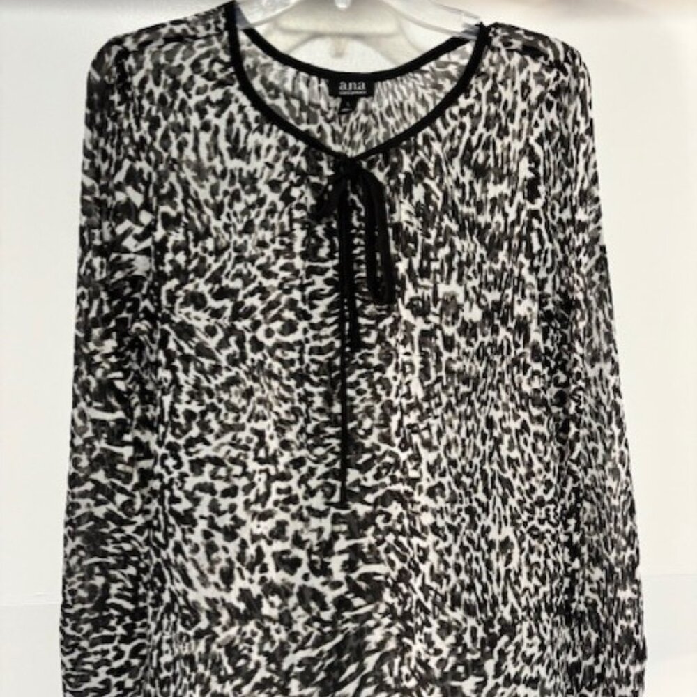 A.N.A New Approach Black White Animal Print Tie Neck Blouse L Sheer Minimalist